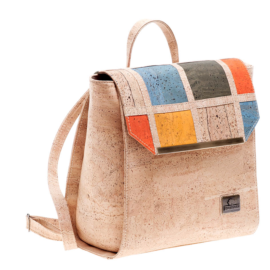 Cork Bags Cork Backpack with Pattern Patchwork and Metal Detail