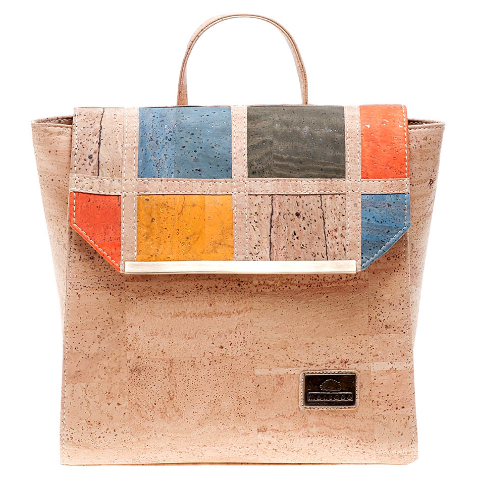 Cork Bags Cork Backpack with Pattern Patchwork and Metal Detail