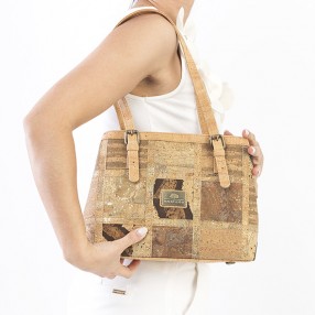  Small Shoulder Bag in Vegan Cork with Two Divisions and Patchwork Pattern on the Front